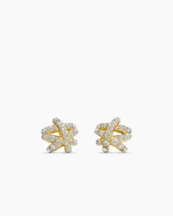 Pavé Crossover Stud Earrings 18K Yellow Gold with Diamonds, 9mm