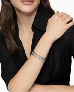Pavé Crossover Three Row Cuff Bracelet Sterling Silver with Diamonds, 20mm