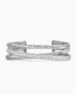 Pavé Crossover Three Row Cuff Bracelet Sterling Silver with Diamonds, 20mm