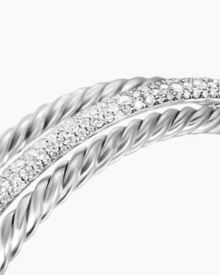 Pavé Crossover Three Row Cuff Bracelet Sterling Silver with Diamonds, 20mm