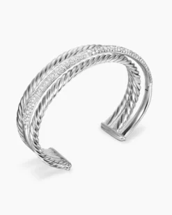 Pavé Crossover Three Row Cuff Bracelet Sterling Silver with Diamonds, 20mm