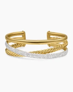 Pavé Crossover Three Row Cuff Bracelet 18K Yellow Gold with Diamonds, 20mm