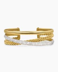 Pavé Crossover Three Row Cuff Bracelet 18K Yellow Gold with Diamonds, 20mm