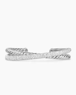 Pavé Crossover Two Row Cuff Bracelet Sterling Silver with Diamonds, 10.7mm