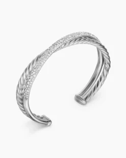 Pavé Crossover Two Row Cuff Bracelet Sterling Silver with Diamonds, 10.7mm
