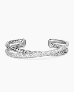 Pavé Crossover Two Row Cuff Bracelet Sterling Silver with Diamonds, 10.7mm