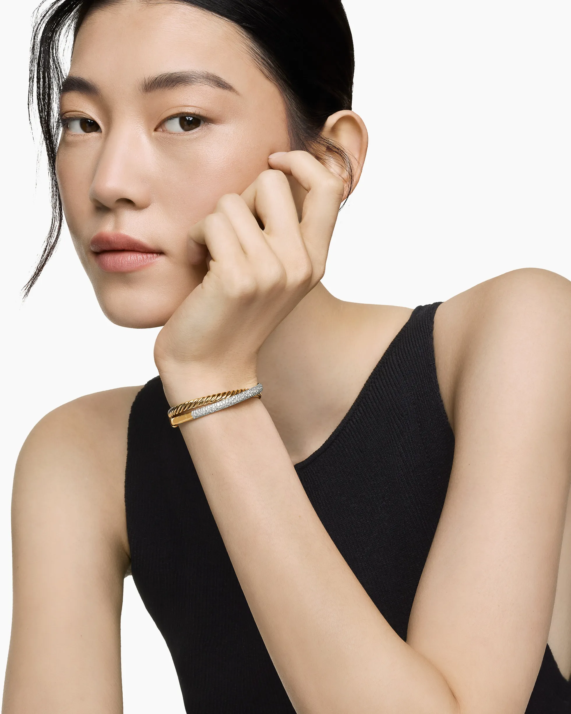 Pavé Crossover Two Row Cuff Bracelet 18K Yellow Gold with Diamonds, 10.7mm