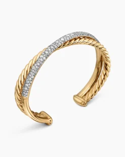Pavé Crossover Two Row Cuff Bracelet 18K Yellow Gold with Diamonds, 10.7mm