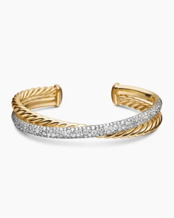 Pavé Crossover Two Row Cuff Bracelet 18K Yellow Gold with Diamonds, 10.7mm