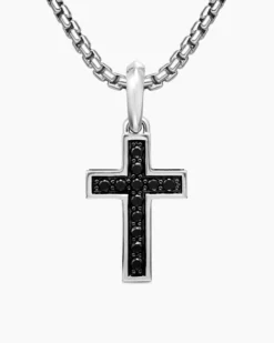 Pavé Cross Pendant Sterling Silver with Black Diamonds, 23mm
