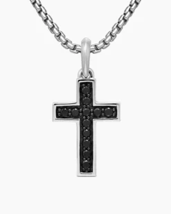 Pavé Cross Pendant Sterling Silver with Black Diamonds, 28mm