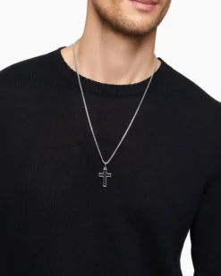 Pavé Cross Pendant Sterling Silver with Black Diamonds, 28mm