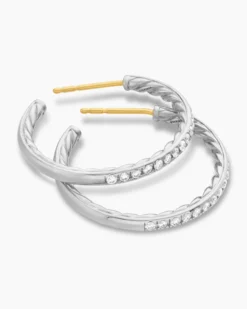 Pavé Hoop Earrings Sterling Silver with Diamonds, 25.4mm
