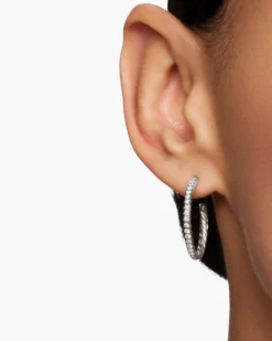 Pavé Hoop Earrings Sterling Silver with Diamonds, 25.4mm