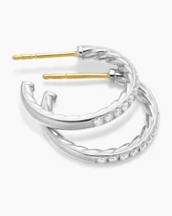 Pavé Hoop Earrings Sterling Silver with Diamonds, 19mm