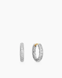 Pavé Huggie Hoop Earrings Sterling Silver with Diamonds, 13mm