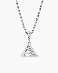 Pavé Initial Pendant Necklace Sterling Silver with Diamond A