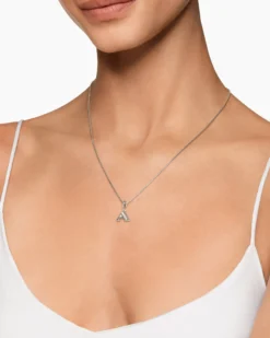 Pavé Initial Pendant Necklace Sterling Silver with Diamond A