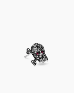 Pavé Skull Stud Earring Sterling Silver with Black Diamonds and Rubies, 13.5mm