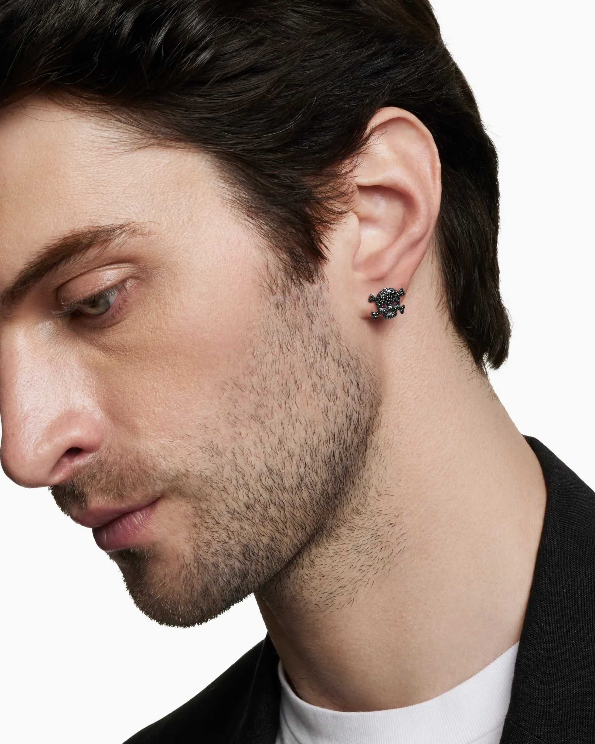 Pavé Skull Stud Earring Sterling Silver with Black Diamonds and Rubies, 13.5mm