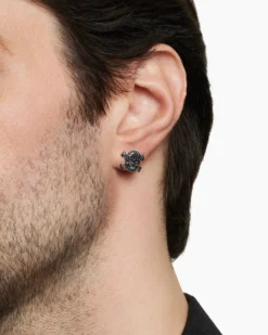 Pavé Skull Stud Earring Sterling Silver with Black Diamonds and Rubies, 13.5mm