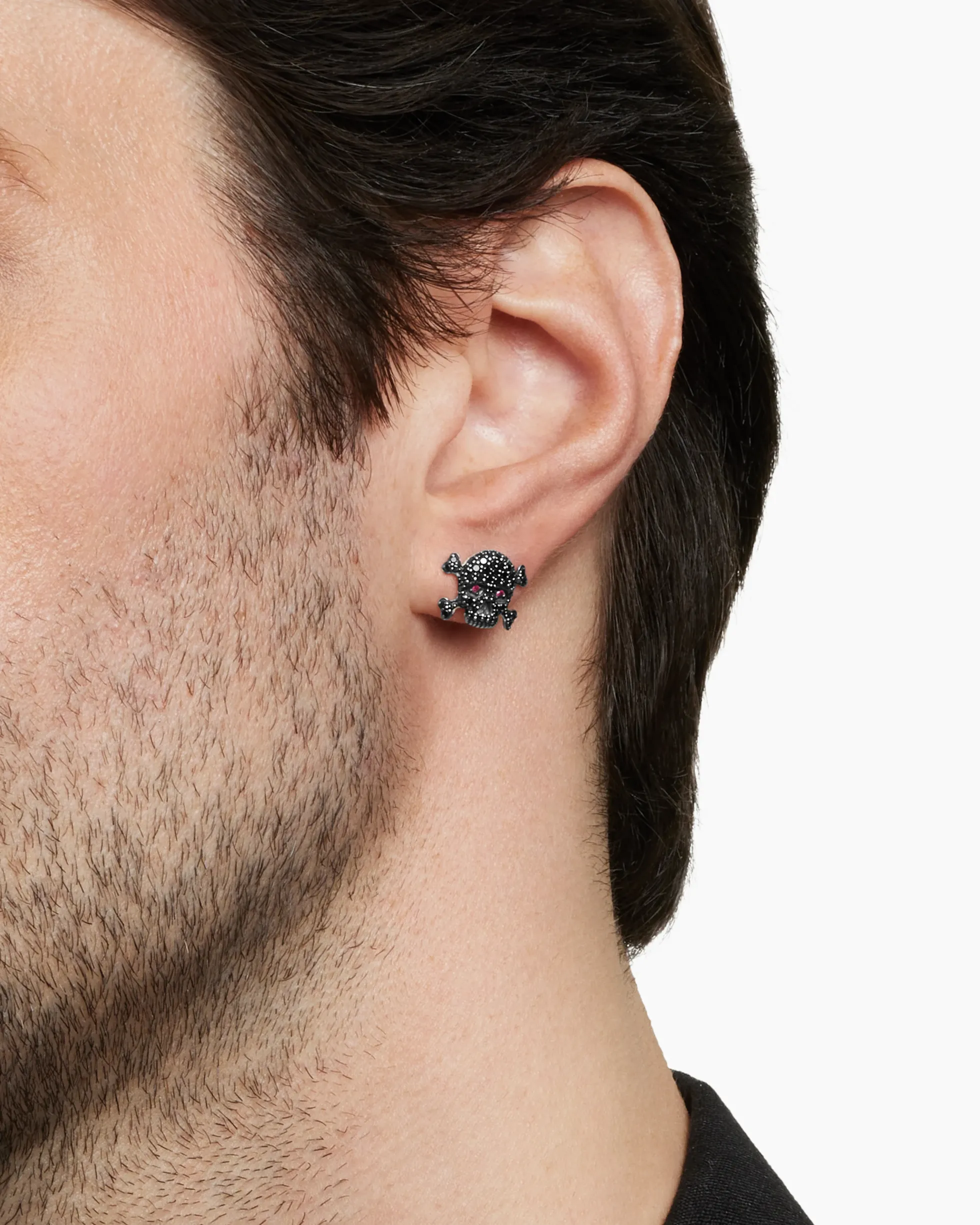 Pavé Skull Stud Earring Sterling Silver with Black Diamonds and Rubies, 13.5mm