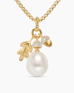 Pearl Acorn Amulet 18K Yellow Gold with Diamonds, 25mm