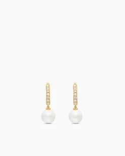 Pearl and Pavé Drop Earrings 18K Yellow Gold with Pearls and Diamonds, 15.6mm