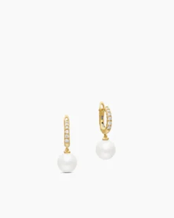 Pearl and Pavé Drop Earrings 18K Yellow Gold with Pearls and Diamonds, 15.6mm