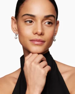 Pearl and Pavé Drop Earrings Sterling Silver with Pearls and Diamonds, 15.6mm
