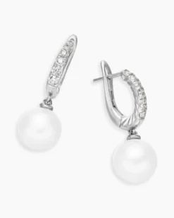 Pearl and Pavé Drop Earrings Sterling Silver with Pearls and Diamonds, 15.6mm