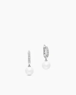 Pearl and Pavé Drop Earrings Sterling Silver with Pearls and Diamonds, 15.6mm