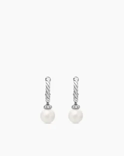 Pearl and Pavé Solari Drop Earrings Sterling Silver with Pearls and Diamonds, 18.4mm