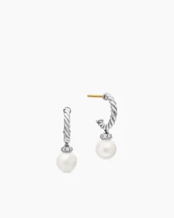 Pearl and Pavé Solari Drop Earrings Sterling Silver with Pearls and Diamonds, 18.4mm