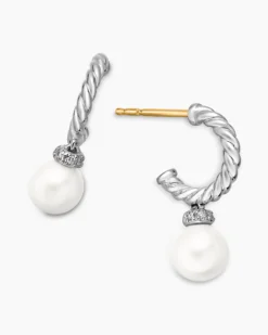 Pearl and Pavé Solari Drop Earrings Sterling Silver with Pearls and Diamonds, 18.4mm