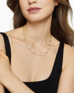 Pearl and Pavé Station Necklace 18K Yellow Gold with Pearls and Diamonds