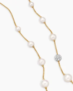 Pearl and Pavé Station Necklace 18K Yellow Gold with Pearls and Diamonds