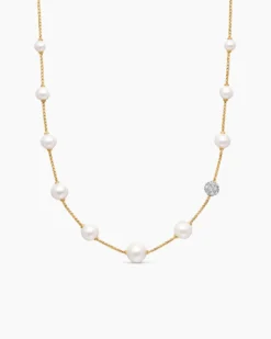 Pearl and Pavé Station Necklace 18K Yellow Gold with Pearls and Diamonds