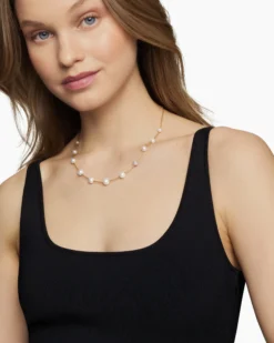 Pearl and Pavé Station Necklace 18K Yellow Gold with Pearls and Diamonds
