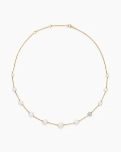 Pearl and Pavé Station Necklace 18K Yellow Gold with Pearls and Diamonds