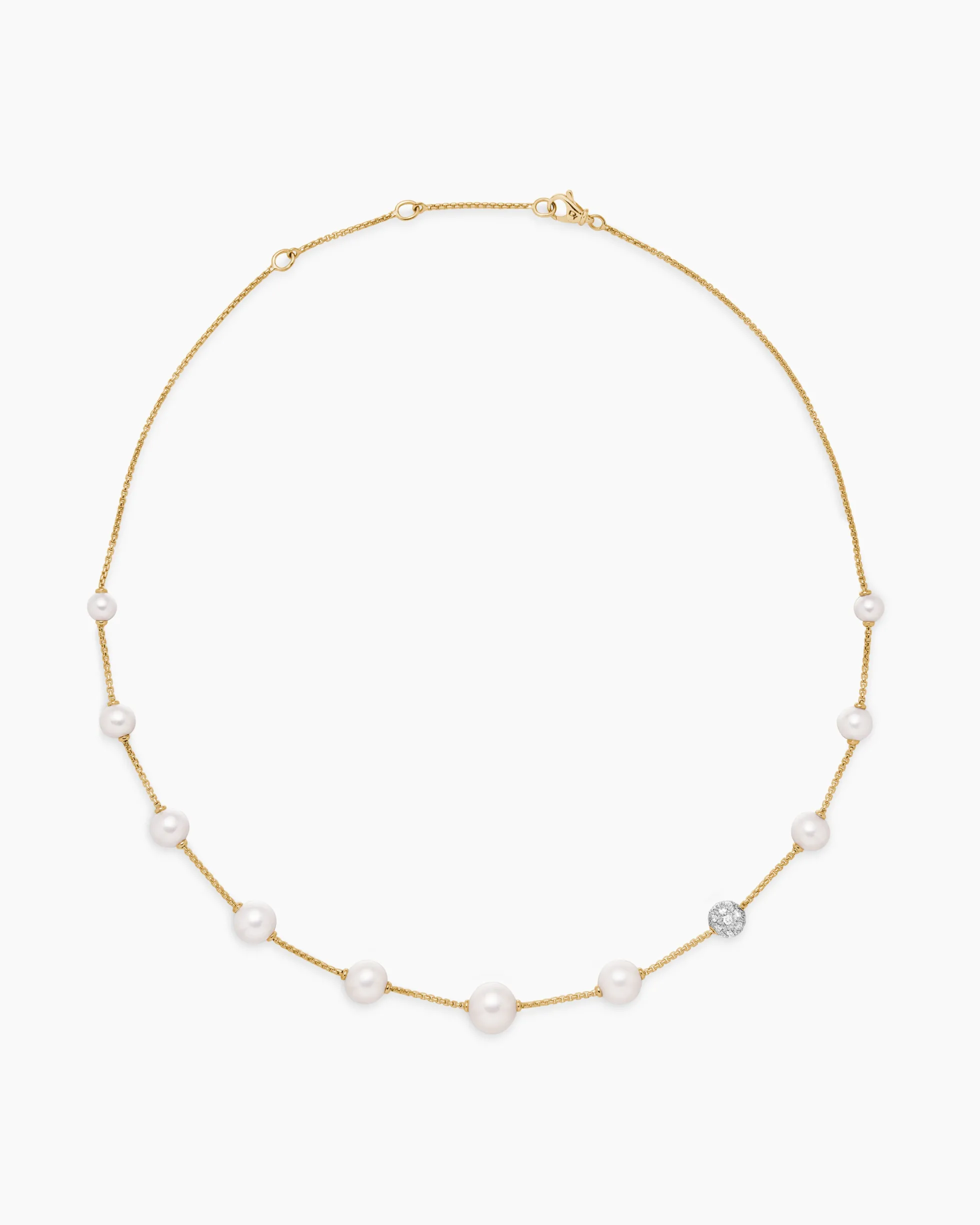 Pearl and Pavé Station Necklace 18K Yellow Gold with Pearls and Diamonds