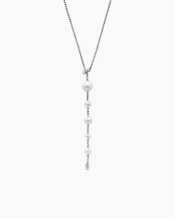 Pearl and Pavé Y Necklace Sterling Silver with Pearls and Diamonds