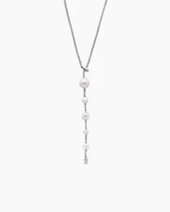 Pearl and Pavé Y Necklace Sterling Silver with Pearls and Diamonds
