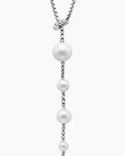 Pearl and Pavé Y Necklace Sterling Silver with Pearls and Diamonds