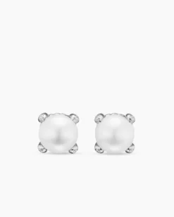 Pearl Classics Stud Earrings Sterling Silver and Diamonds, 6.6mm