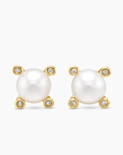 Pearl Stud Earrings 18K Yellow Gold with Pearls and Diamonds, 7.4mm