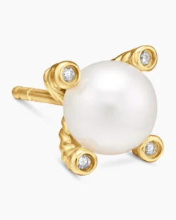 Pearl Stud Earrings 18K Yellow Gold with Pearls and Diamonds, 7.4mm