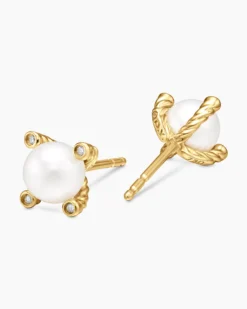 Pearl Stud Earrings 18K Yellow Gold with Pearls and Diamonds, 7.4mm