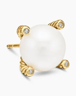 Pearl Stud Earrings 18K Yellow Gold with Pearls and Diamonds, 14mm