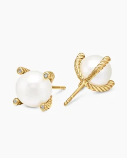 Pearl Stud Earrings 18K Yellow Gold with Pearls and Diamonds, 14mm
